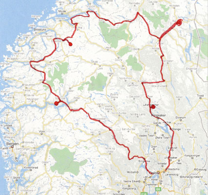 Vår reiserute er markert med rødt